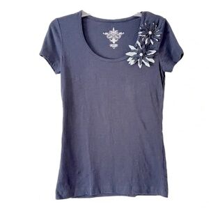Tommy Hilfiger | Navy Blue 3-D Floral Pearl Short Sleeve Cotton Tee, Small